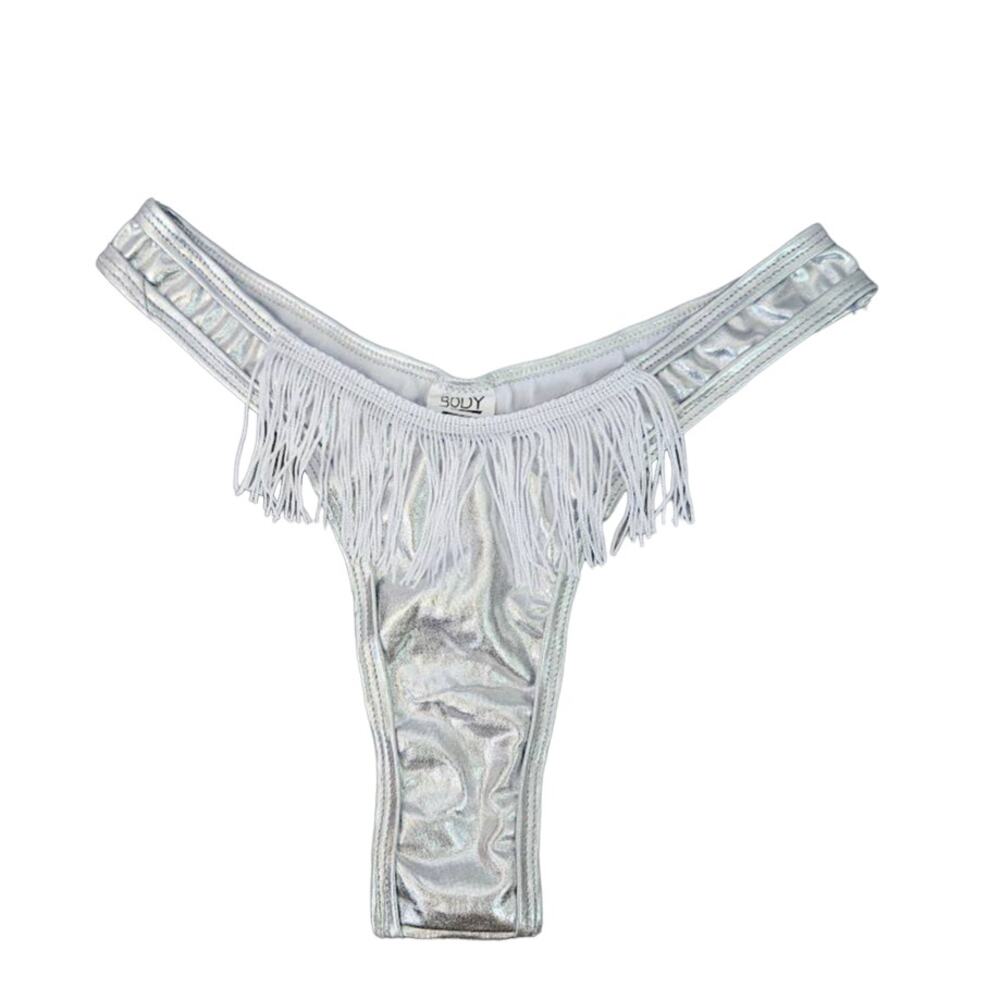 Rave Festival Wear Women's fringe Silver Thong Panties Size Medium Carnival Fun